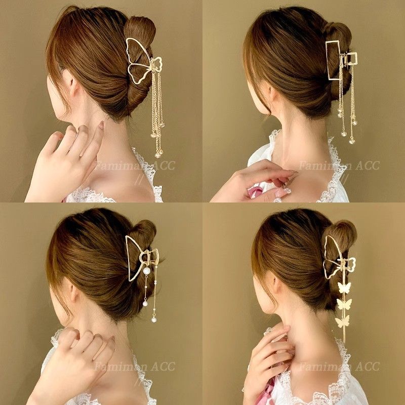 Mittelgroßer Hai aus Metall mit schlichtem und hochwertigem Touch, elegante Haarspange mit Schmetterlingsquaste_voghion.com