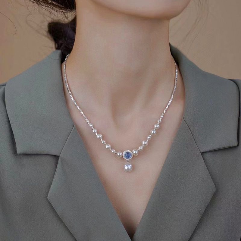 Echte zilveren fragmentketting - hanger van natuurlijke aquamarijn met zoetwaterparel | Hoogwaardige sleutelbeenketting voor dames_voghion.com