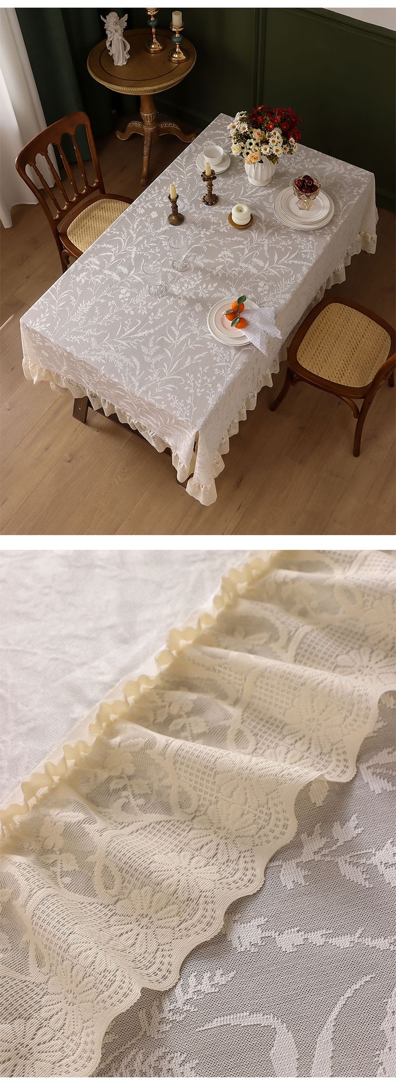 Hochwertige Tischdecke aus Polyester mit Spitzenbesatz – Verdickter Rüschensaum, öl-/rutschfest, mehrere Größen (140 x 100 bis 260 cm) für Bauernessen und Veranstaltungen_voghion.com