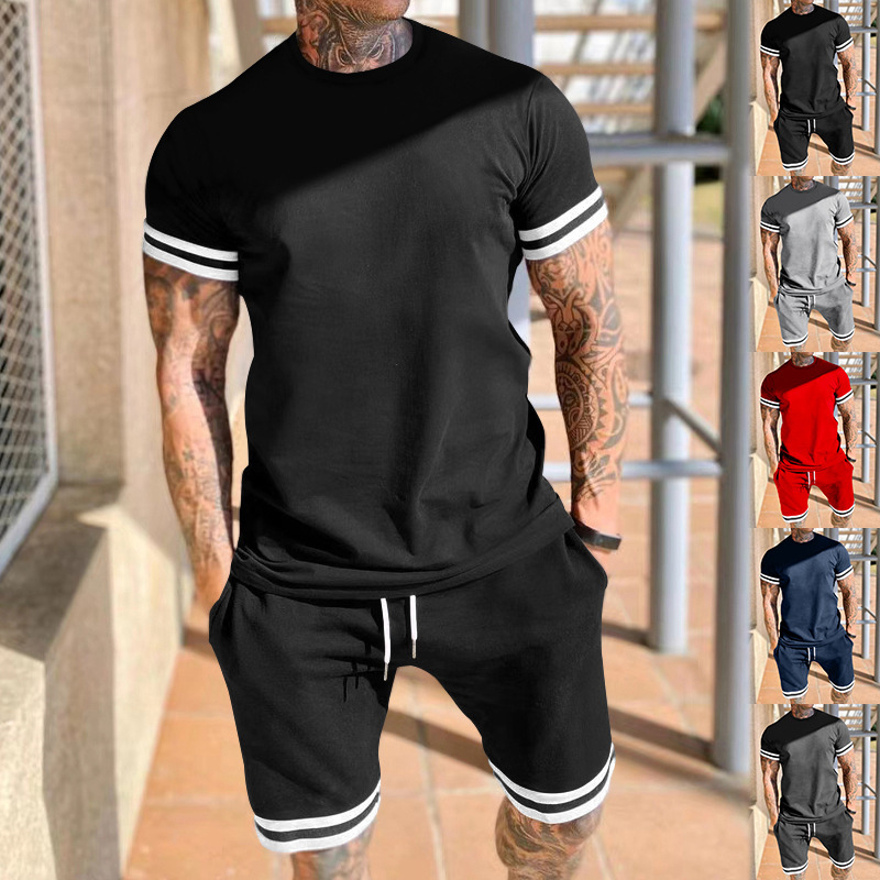 Herrenbekleidung Herren-Shorts mit kurzen Ärmeln, zweiteiliger, lässiger Sport-Jugendanzug in Übergröße_voghion.com