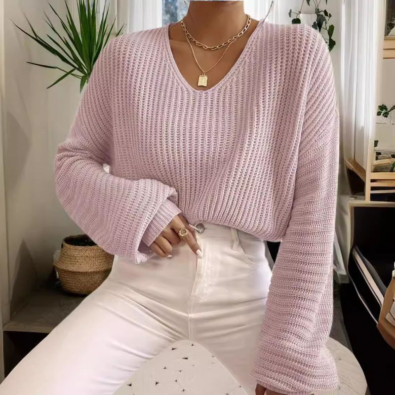 Maglione lavorato a maglia da donna autunno 2023, tinta unita, a maniche lunghe, con scollo a V_voghion.com