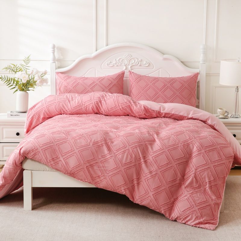 Tufted Wool Cut Flower Pink Diamond Geometric Quilt Cover Home Textile Bedding Three Piece Set_voghion.com
