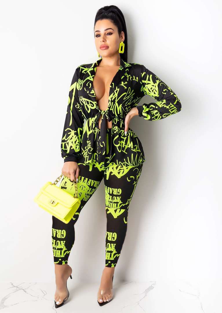 Conjunto feminino de duas peças com estampa de letras, blazer de manga comprida e calça lápis, roupa elegante para escritório, poliéster elástico, P/M/G/GG (laranja)_voghion.com