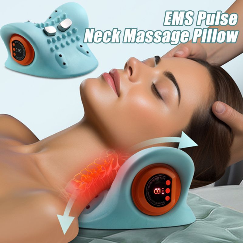 Camilla eléctrica para el cuello Ems Pulse Relax, almohada de tracción quiropráctica cervical con calefacción y vibración cálida_voghion.com