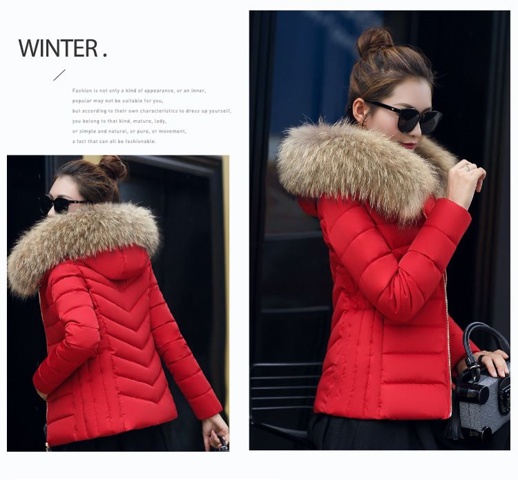 2023 Winter Neue kurze große Wollkragen Baumwolle gepolsterte Kleidung Damen koreanischen Stil Slim-Fit Abnehmen kleine Baumwolle gepolsterte Mantel warme Jacke Baumwolle gepolsterte Jacke_voghion.com
