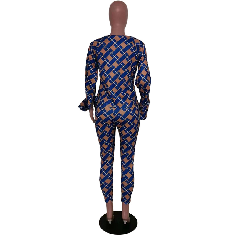 Explosieve losse blouse met lange mouwen en geruite broek, tweedelige set_voghion.com
