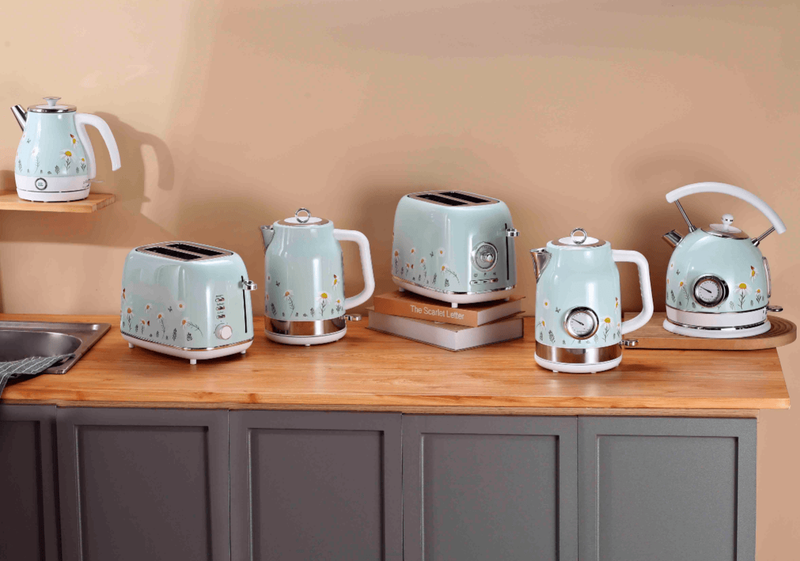 PS823NT Rapid Boiling Electric Kettle, Light Blue Floral Electric Kettle, Retro STRIX Temperature Controller + Water Level Gauge, 2200W,1.8L SUS304, No BPA LED Light, Wide Drain Design,_voghion.com