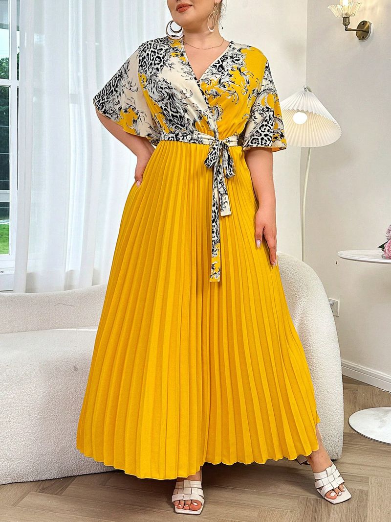 Vintage Floral Maxi Dress With Pleated Detail High Waist Elegant Boho Dress For Women, Plus Size 0XL-4XL V-Neck & Belted_voghion.com