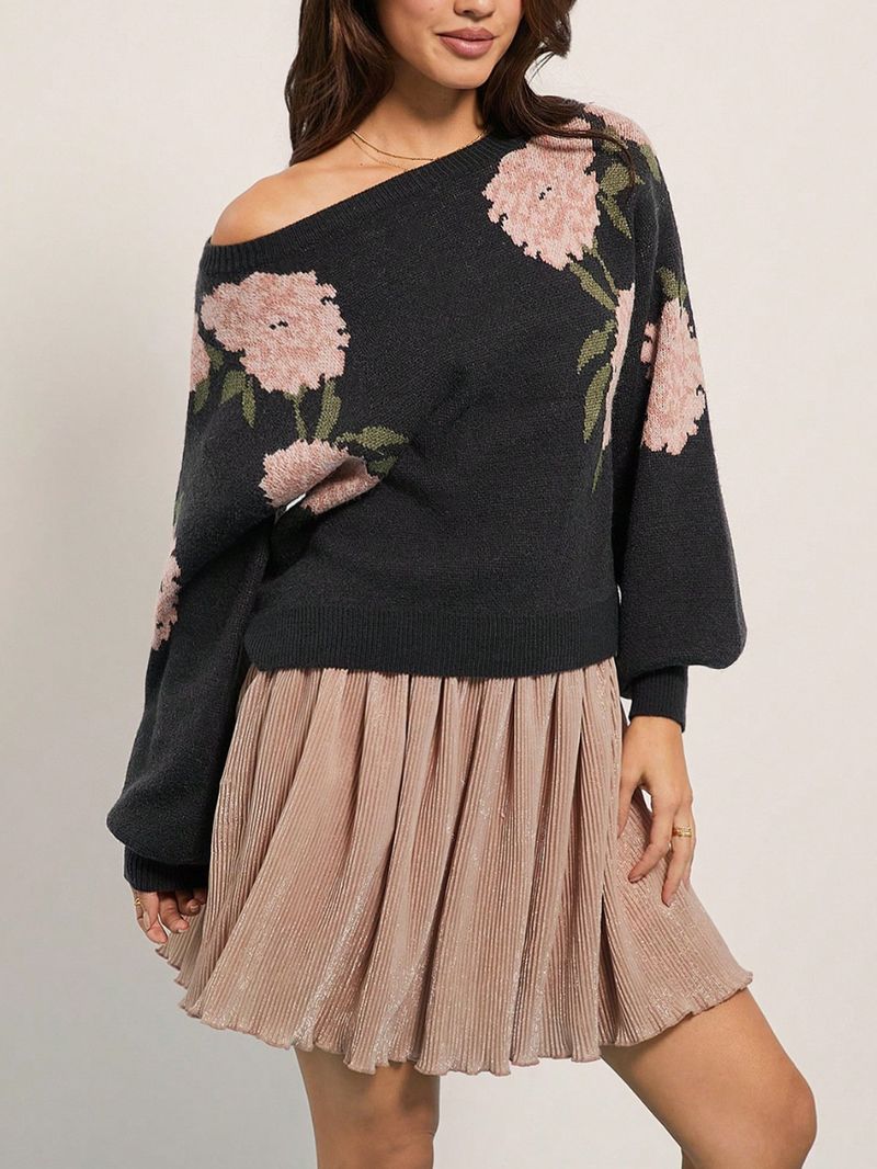 Pull jacquard fleuri pour femme, col ras du cou surdimensionné, tricot doux en mélange acrylique, tunique décontractée ample à manches longues_voghion.com