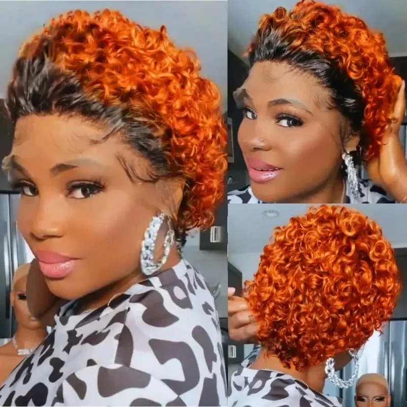 Perruques de cheveux humains courts bouclés coupe Pixie marron ombré 99J perruque bordeaux à ondulations profondes_voghion.com