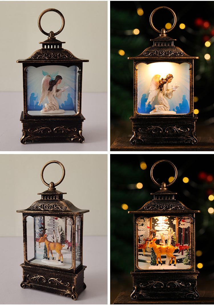 Christmas LED Water-Filled Lantern Decor - Santa, Reindeer, Angel & Kids Figurines - Vintage Bronze Tabletop Decoration For Holiday Tree_voghion.com
