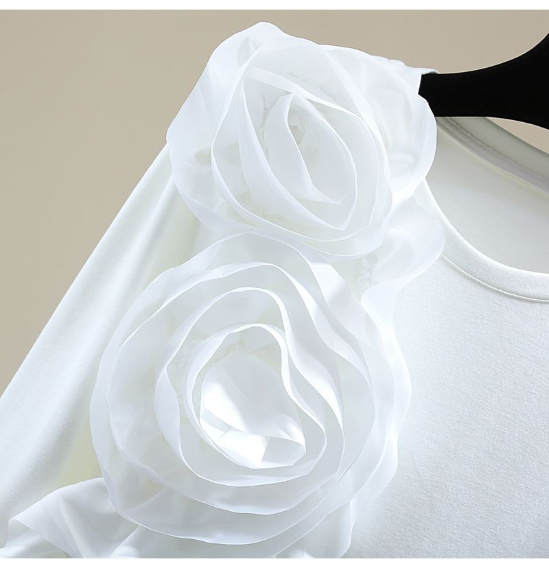 Abbigliamento da donna, maglietta a maniche lunghe con fiori tridimensionali, tinta unita, casual, da abbinare a qualsiasi capospalla, con fondo aderente_voghion.com