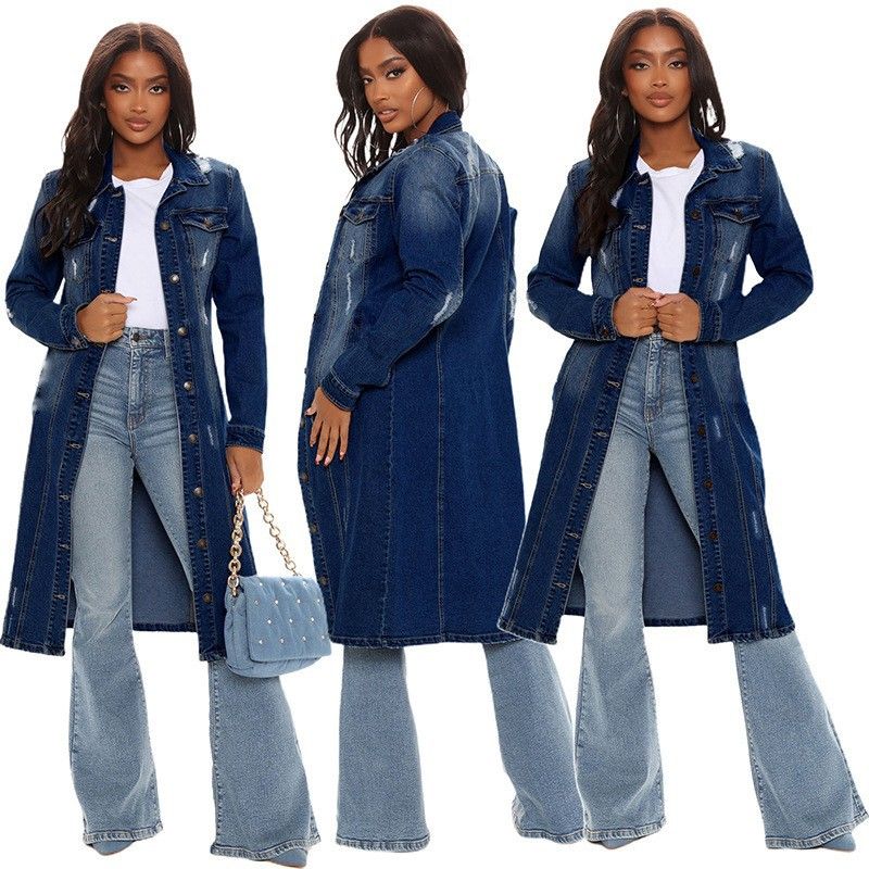 Langer Damen-Jeans-Trenchcoat mit Used-Details – Stylische Herbst-/Winterjacke in Blau, Dunkelblau & Hellblau – Größen S-XXL_voghion.com