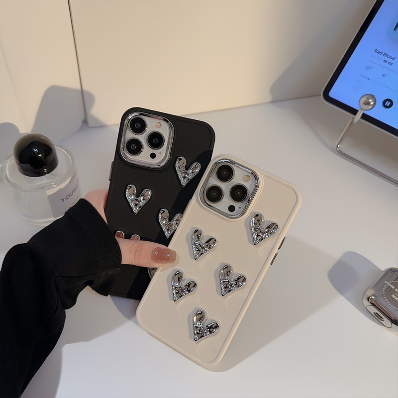 Galvanisiertes silbernes kleines Liebesherz, geeignet für iPhone 14 Apple 13 Promax Handyhülle 12 dreidimensionale 11 Anti-Fall-Softshell für Frauen_voghion.com