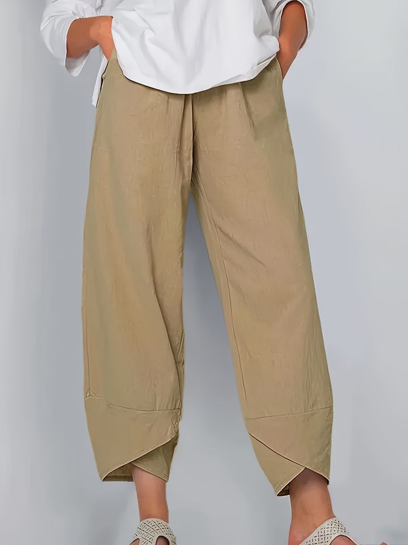 Pantaloni larghi alla moda da donna, casual, larghi, in cotone e lino, con elastico in vita, a nove punte_voghion.com