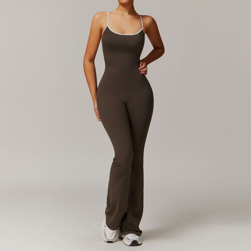 LazyZoom ZeChuang Bare Sensation Cross Back Yoga Gathered Flare Running Sports Fitness Bell Bottom Jumpsuit 3013_voghion.com