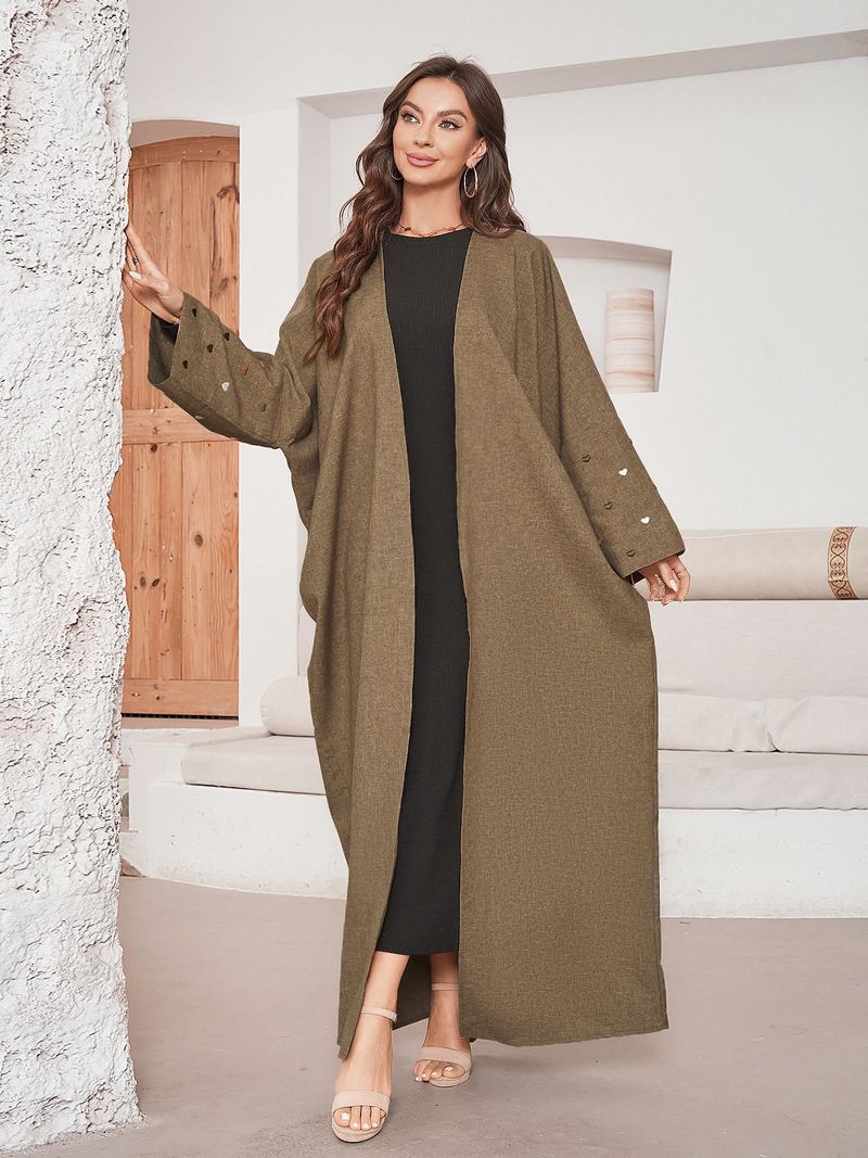 Damenbekleidung, elegantes, besticktes, herzförmiges Muster, langes muslimisches Kleid im Cardigan-Stil, modisches Polyestergewebe, zweifarbige Robe_voghion.com