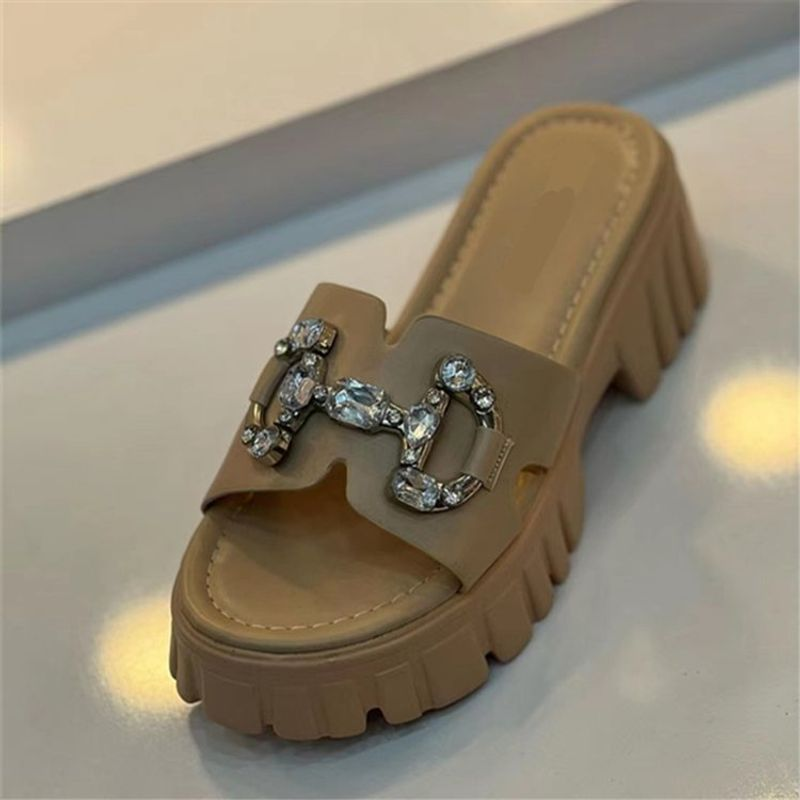 Summer Women Rhinetone Caual Beach Thick-oled Metal Buckle Heightening And Lipper Peep Toe Fih Mouth Ladie_voghion.com