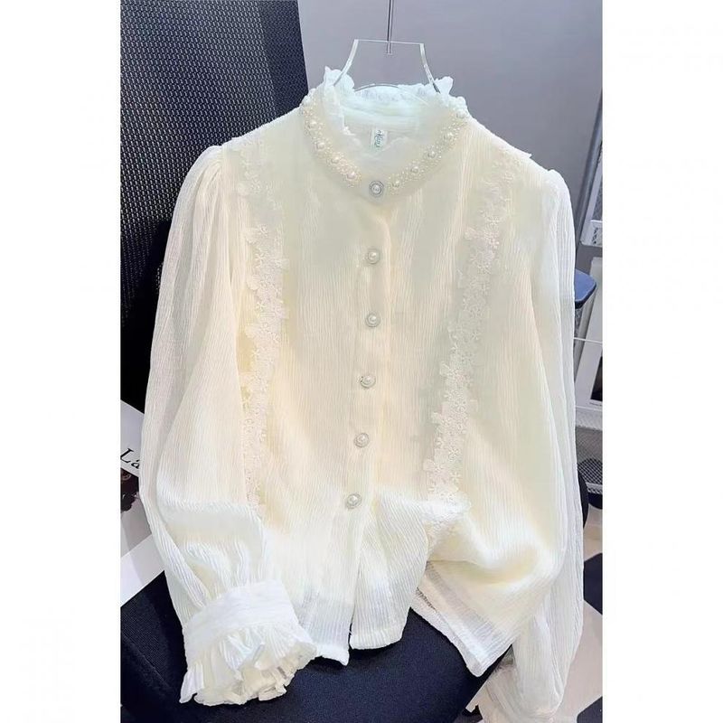 Vintage Lace Blouse – Pearl-Trimmed High Neck With Bishop Sleeves (S-2XL, Shell & Fleece Lined, Polyester Chantilly Lace, Baroque Office Romance)_voghion.com