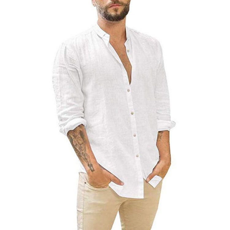 Unbeatable Quality 2025 Men's Linen Cardigan Solid Color Casual Stand Collar Long Sleeved Shirt_voghion.com