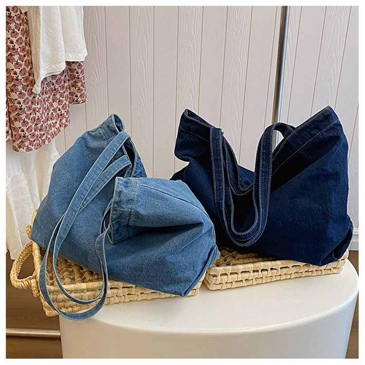 Denim Bag Women's Shoulder Bag Large Capacity Solid Color Washed Denim Bag Student Commuter Shoulder Bag Female Art Casual Handbag_voghion.com