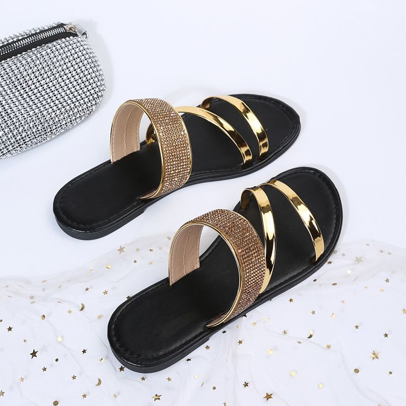 Women's Shoes Large Size Casual Slippers Summer New Round Head Rhinestone Flat Sandals_voghion.com