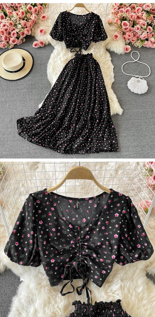 Gonna a trapezio con vita alta da donna, gonna floreale fresca, abito due pezzi, camicia corta in chiffon, estate_voghion.com