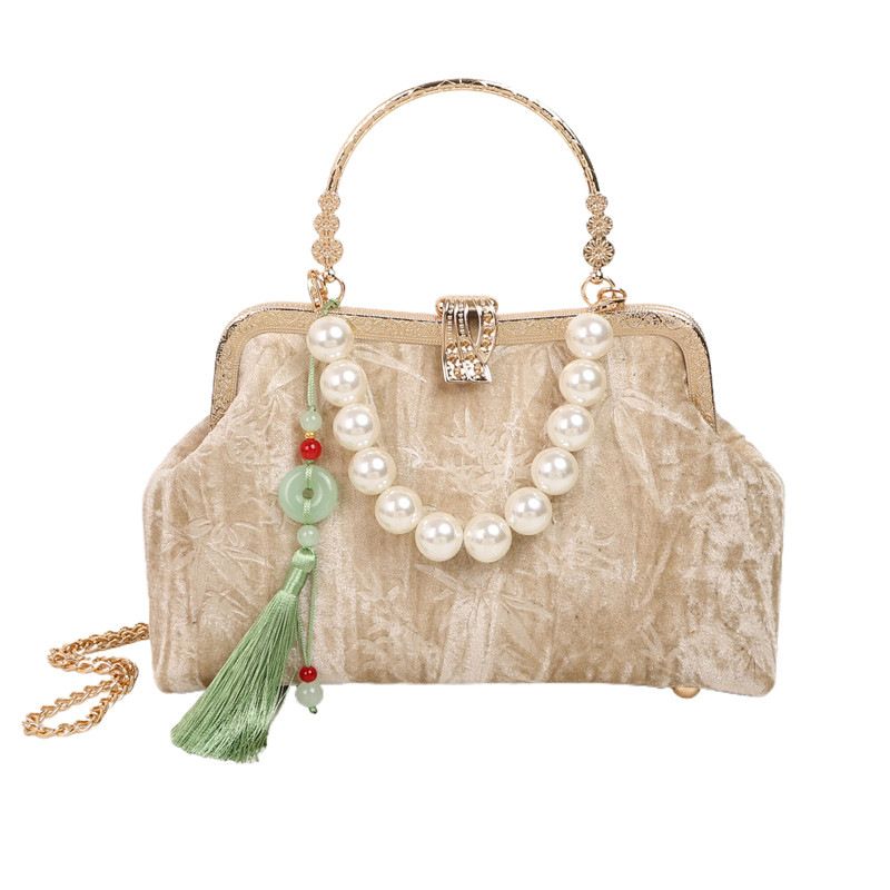Borsa a tracolla da donna con ricami in stile cinese, versatile, con catena di perle e nappa, a conchiglia_voghion.com