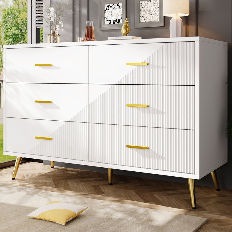 Kommode Weiß Mit 6 Schubladen, 3D-Schranktürdesign, Goldene Beine_voghion.com