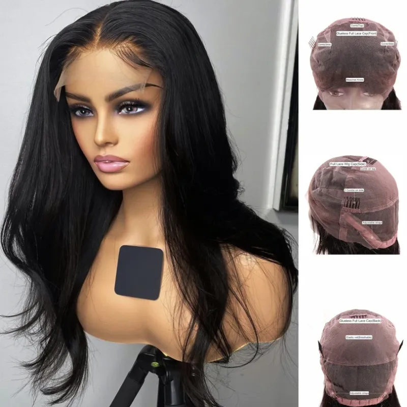 Jet Black Full Lace Wigs Sliky Straight Lijmloos Braziliaans Menselijk Haar 180% Dichtheid_voghion.com