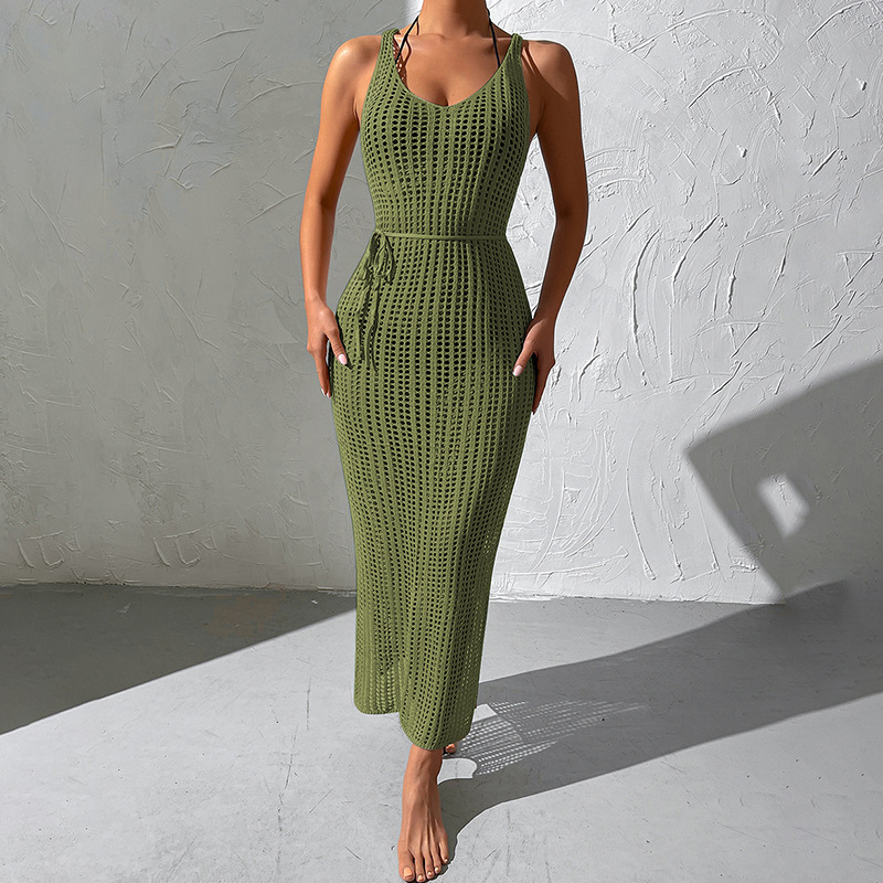 Abito da spiaggia in maglia con scollo a V e schiena scoperta per le donne_voghion.com