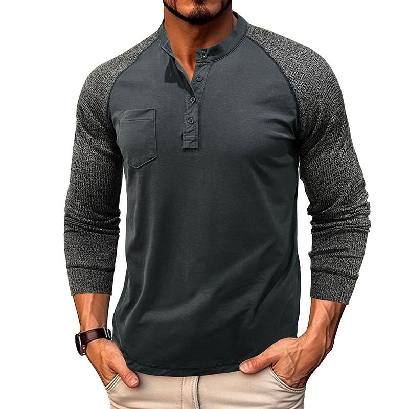 Unschlagbare Qualität Herren Rundhalsausschnitt Gerippte Patchwork-Ärmel Mit Raglan Henley Basis, Langärmliges Herren T-Shirt Top, Robustes Baumwollhemd_voghion.com