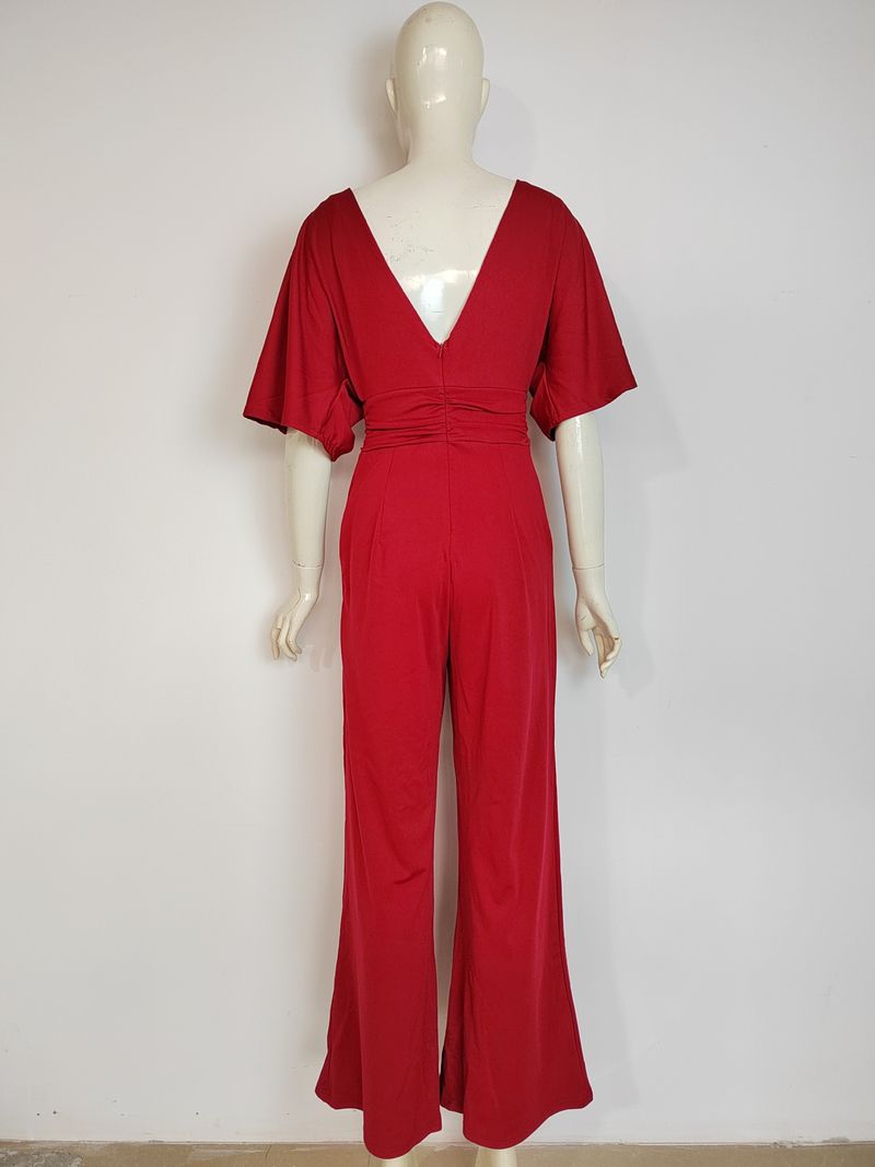 Damesjurk Jumpsuit Hot Sale Diepe V-broek met hoge taille en wijde pijpen_voghion.com