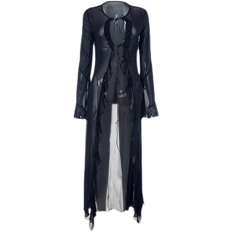 Spicy Girl Schwarze transparente Strickjacke, vielseitiges Oberteil, sexy Front-Krawatten-Design, ausgestellte Langarmbluse für den Sommer_voghion.com