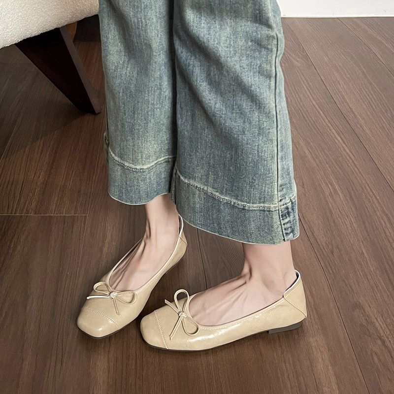 Square Head Bow Ballet Single Shoes Women's Flat-soled Laden Shoes French One-pedal Beanie Shoes_voghion.com