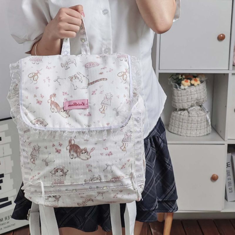 Girly Heart Large Capacity Cat Canvas Backpack Mori Style Floral Commuter Tote Bag Casual Handbag_voghion.com