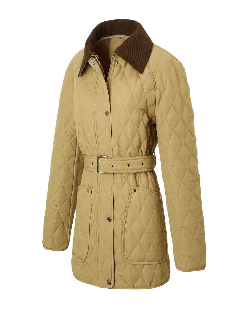 Quilted Corduroy Collar Coat – Slimming Mid-Length Puffer (Diamond Stitch, Adjustable Belt, 3 Office-Ready Colors)_voghion.com