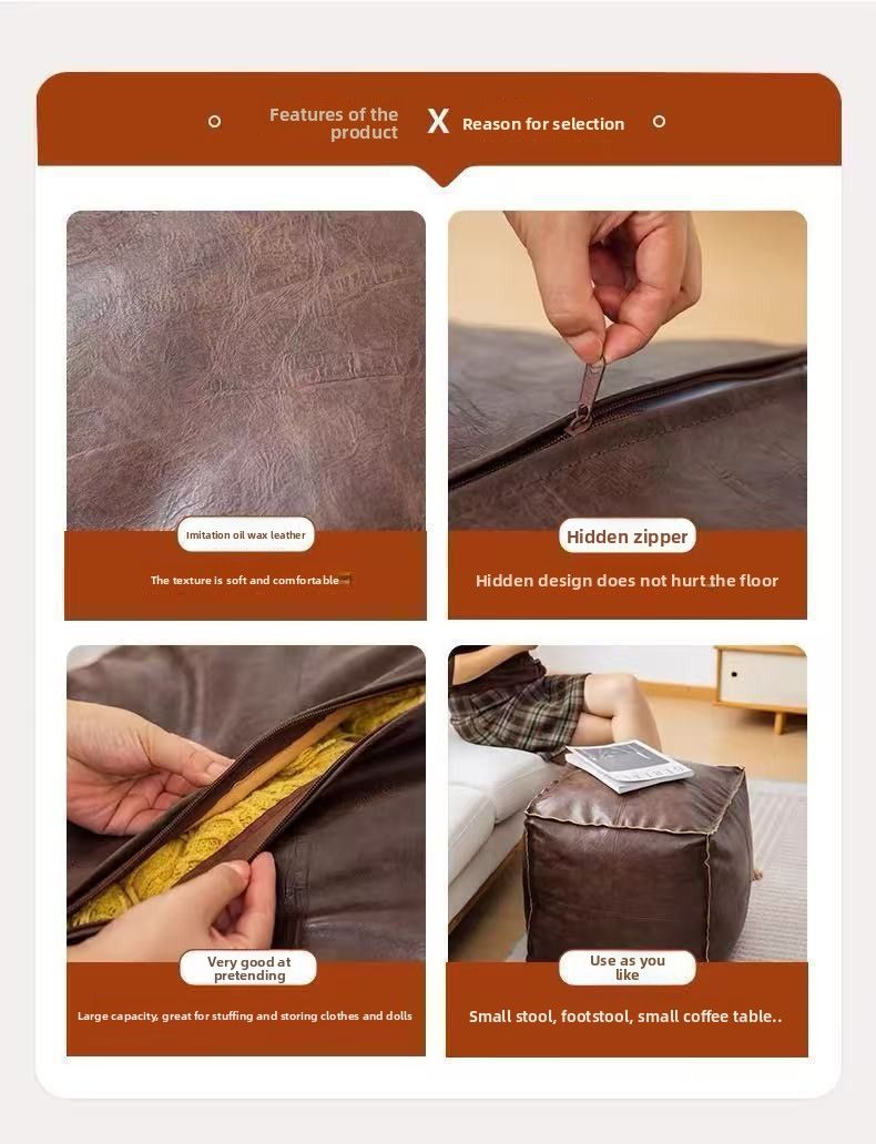Leat Ottoman-Abdeckung für unbenutzte alte Kleidung, Aufbewahrungstasche, niedriger Hocker, Wohnzimmer-Pouf, Erkerfenster, faules Sofa für drei Personen_voghion.com