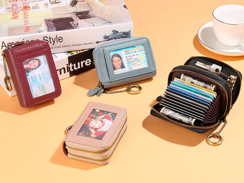 First Layer Cowhide Double Layer Zipper Organ Card Holder Women's rfid Anti-Magnetic Leather Key Case Card Holder ID Card Holder_voghion.com