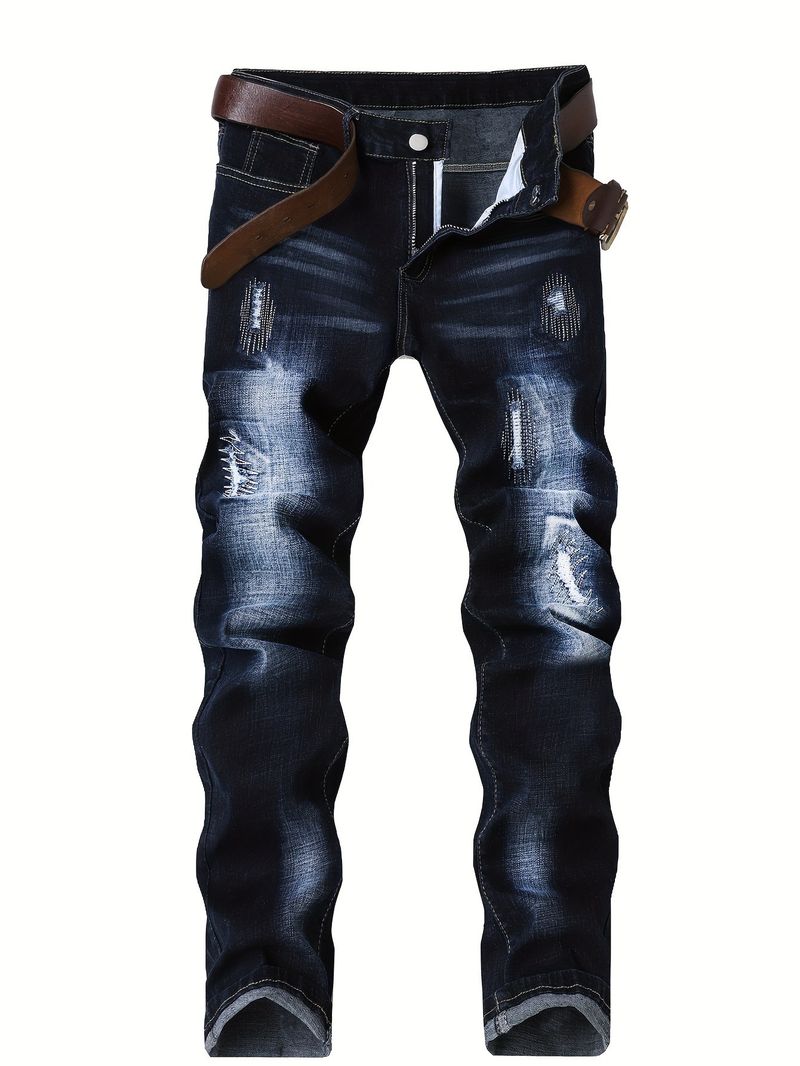 Herrenbekleidung Herren Slim Fit Stretch Denim Jeans - Distressed Schwarz Blau Washed Straight Leg Freizeithose für Jugendliche (Größen 30-40)_voghion.com