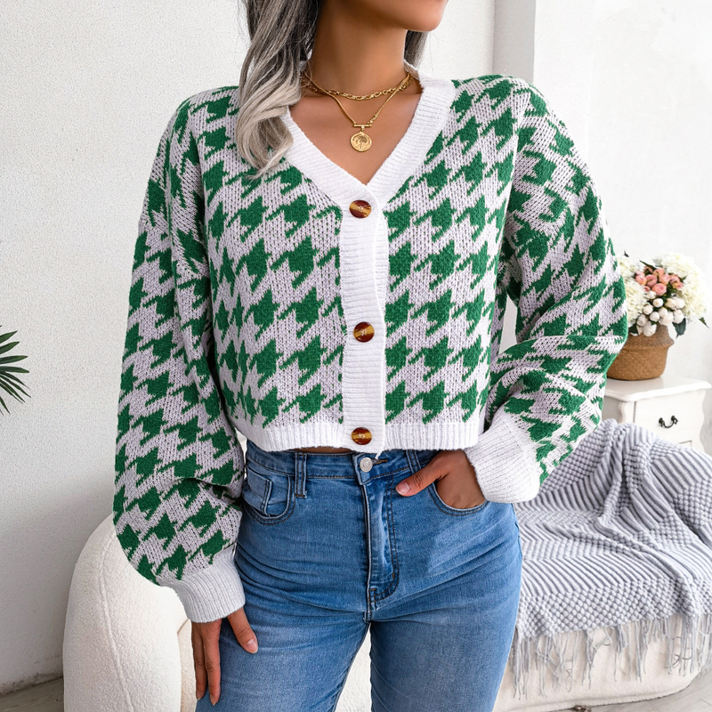 ins2023 Herbst Winter Casual Laterne Langarm Hahnentritt Strickjacke Pullover Mantel Damenmode_voghion.com