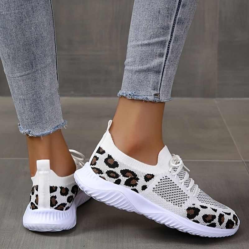 Velike ležerne platnene cipele za žene s leopard printom, vezicama i mrežastim cirkonima_voghion.com