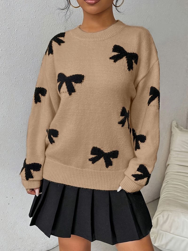 Women's Knit Sweater With Bow Detail – Oversized Long-Sleeve Pullover (S-L, Polyester, Elegant & Casual)_voghion.com