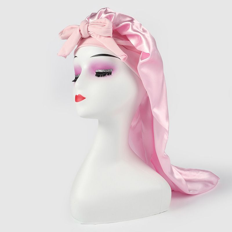 Damen-Nachtmütze aus hochelastischem, langem Satin-Schlauch, neue Kopftuchmütze mit Fliege, Schönheits-Dauerwellen-Haarpflege-Kappe_voghion.com