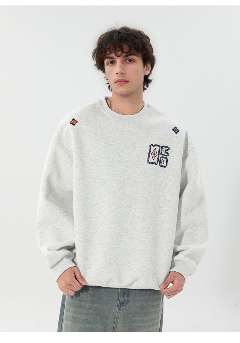 Ethnic Style Contrast Color Embroidered Heavyweight Crewneck Sweatshirt Men's Autumn Fashion Loose Fit Pullover Top_voghion.com