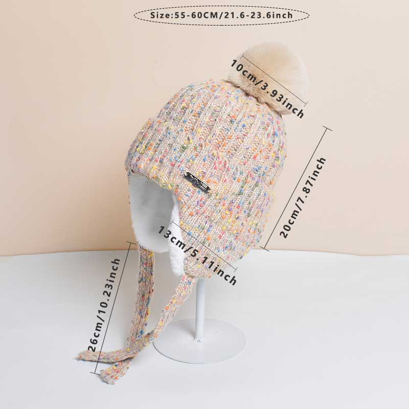 Berretti da donna alla moda con paraorecchie, in pile Sherpa con cappuccio, da sci e da neve, spessi, in maglia, con pompon grande_voghion.com