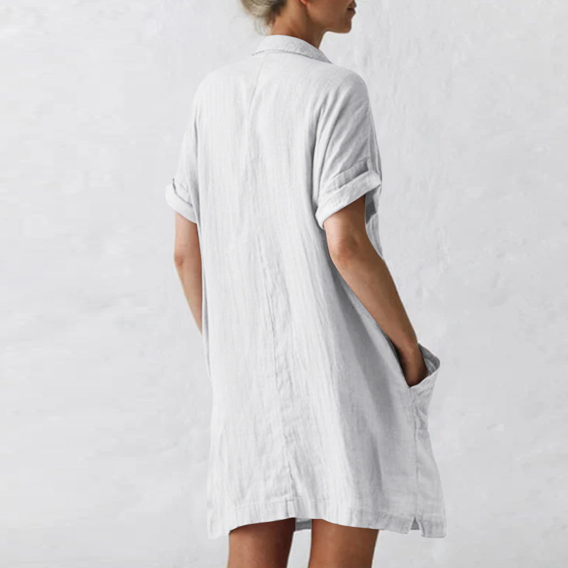 Nuovo abito camicia tascabile irregolare a maniche lunghe in canapa di cotone_voghion.com