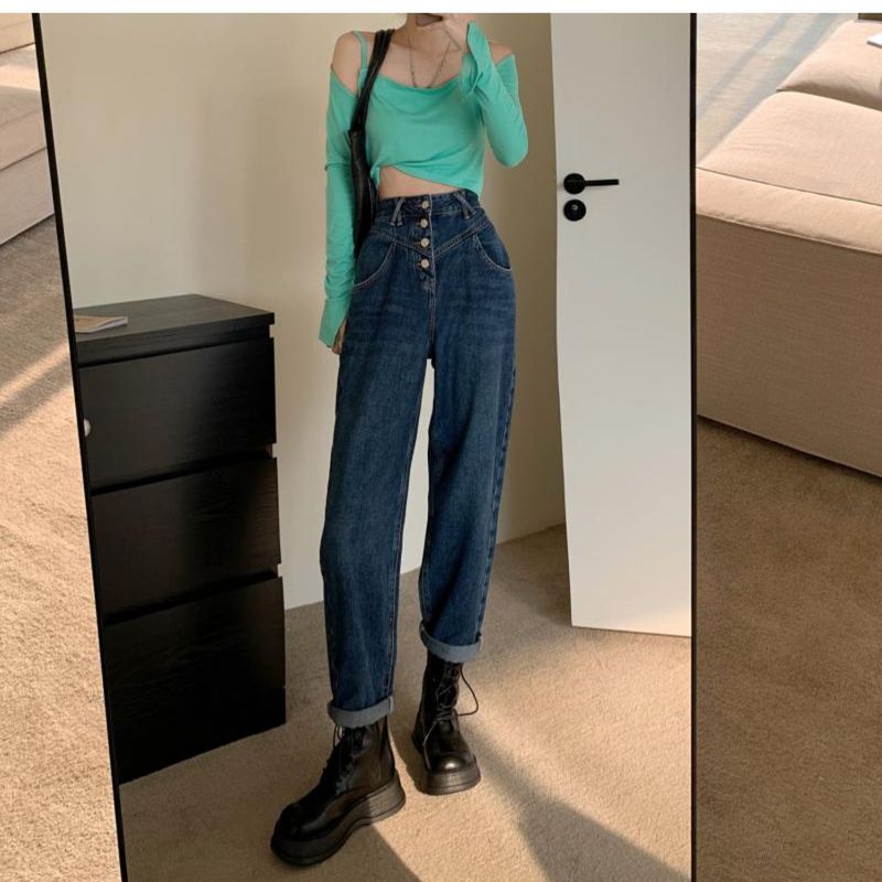 Printemps et automne petits jeans à jambes larges style américain nouveau tube droit taille haute lâche gros pantalon papa soeur grande taille_voghion.com