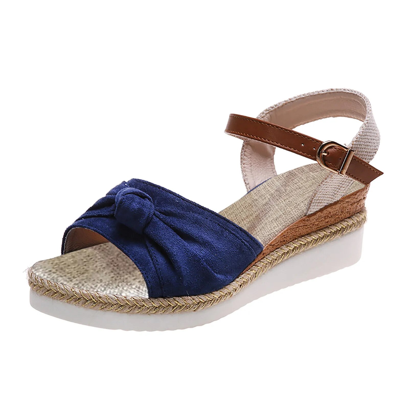 Kleurblok knoopdetail Espadrille riemwig voor dames Casual open teen Romeinse platformsandalen_voghion.com