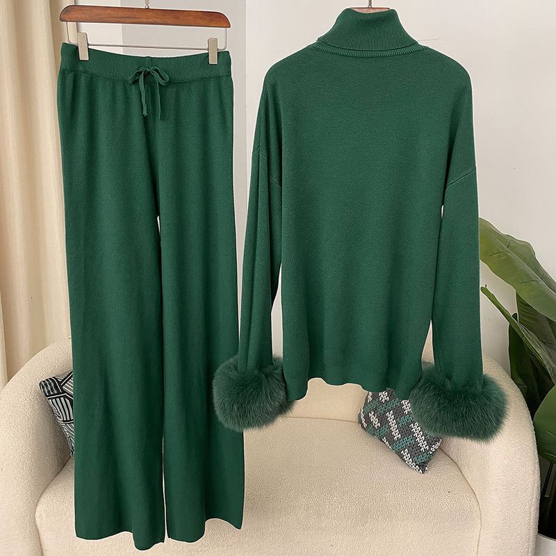 Ensemble en tricot avec poignets en fourrure de renard pour femme – Pull ample à col montant et pantalon large pour l'automne/hiver_voghion.com